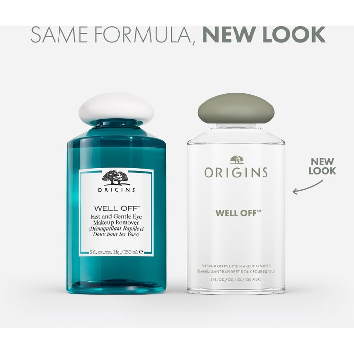 Origins Well Off 150 ml effektiv ögonsminkborttagning visar ny klar flaska bredvid den gamla turkosa förpackningen