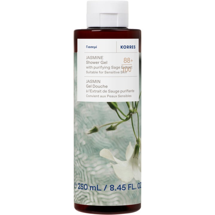 Korres Jasmine Shower Gel 250 ml rengörande duschgel som ger vård åt känslig hud i mörk flaska med vit blomma