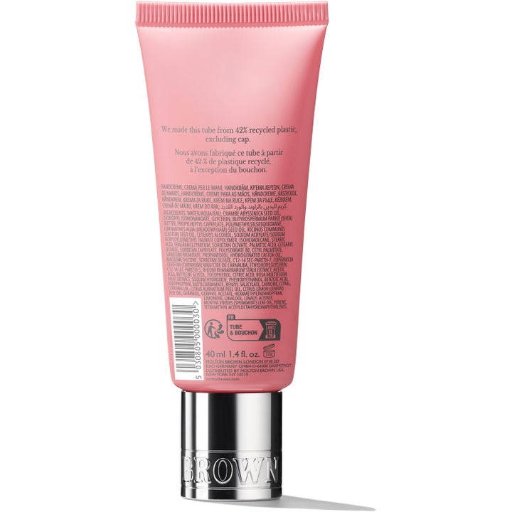Molton Brown Delicious Rhubarb & Rose Hand Cream 40 ml fuktgivande handkräm baksida av rosa tub med ingredienser
