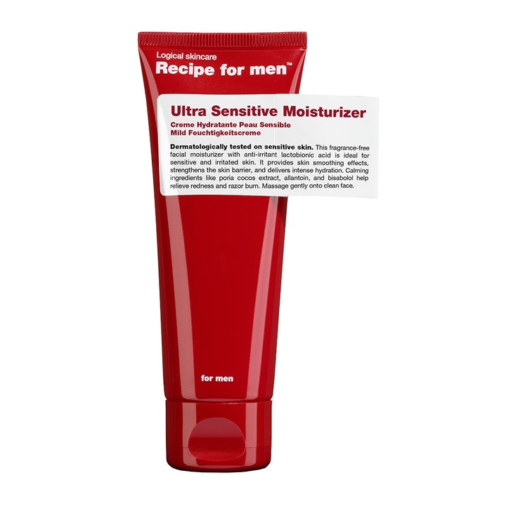 Recipe for men Ultra Sensitive Moisturizer 75 ml lugnande ansiktskräm för irriterad hud män i röd tub.