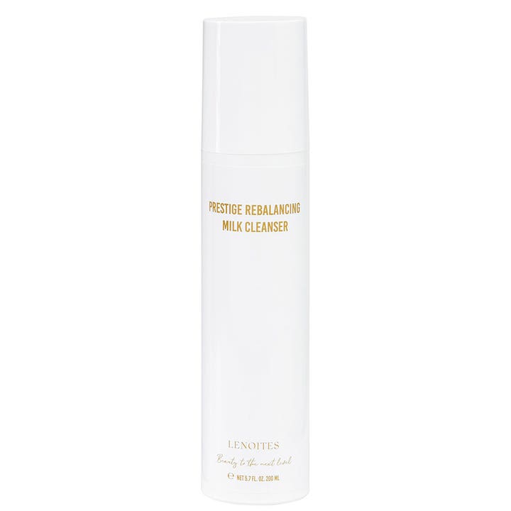 Lenoites Prestige Rebalancing Milk Cleanser 200 ml balanserade rengöringsmjölk i vit flaska med text i guld.