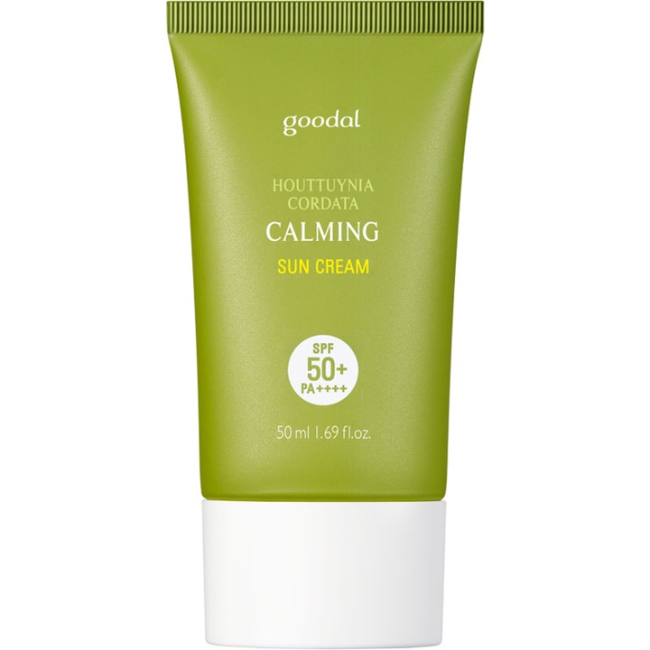 Goodal Houttuynia Cordata Calming Sun Cream 50 ml lugnande ansiktskräm med solskydd i en grön tub med vitt lock