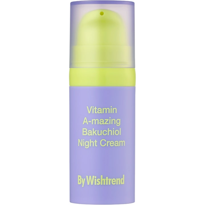 By Wishtrend Vitamin A-mazing Bakuchiol Night Cream bakuchiol vitamin a anti-aging nattkräm i lila flaska med gul pump.