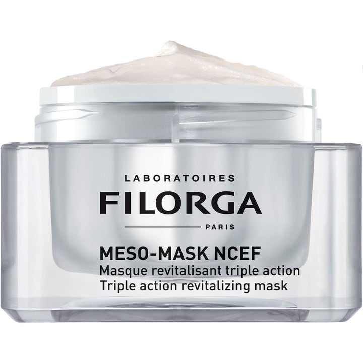 FILORGA Meso-Mask NCEF 50 ml lystergivande ansiktsmask i öppen silverburk med krämig vit formula som ger lyster