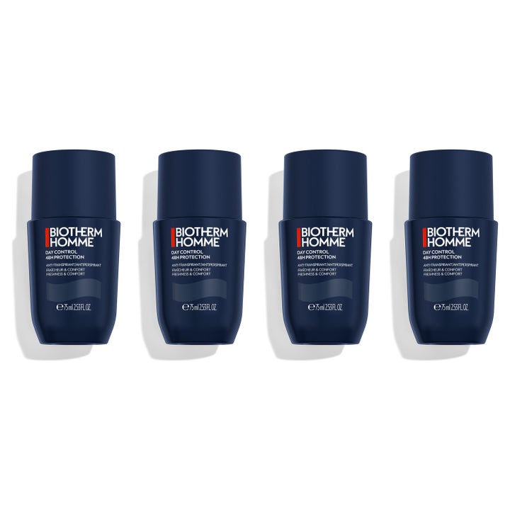 Biotherm Homme Day Control 48H Protection 4 x 75 ml deodorant roll-on ger skydd i fyra mörkblå flaskor med runda lock