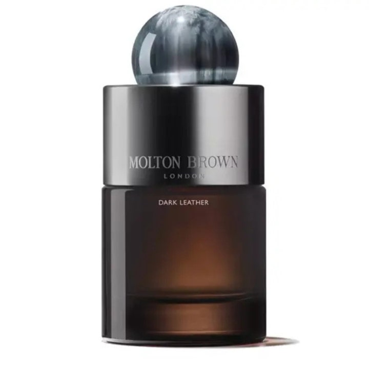 Molton Brown Dark Leather Eau de Parfum 100 ml parfym i mörkbrun glasflaska med en grå marmorerad rund kork