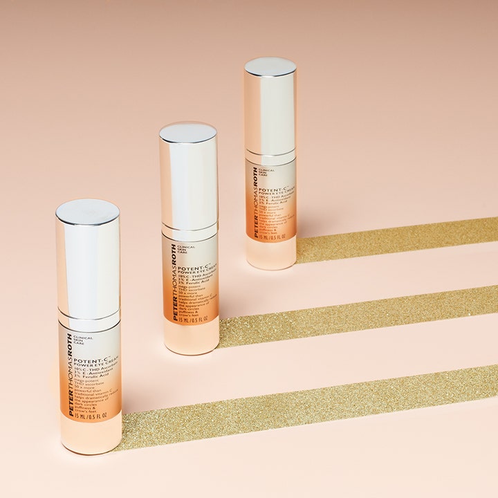 Peter Thomas Roth Potent C Eye Cream 15 ml antioxidant ögonkräm mot mörka ringar i tre pumpflaskor på guldglittrig bakgrund.