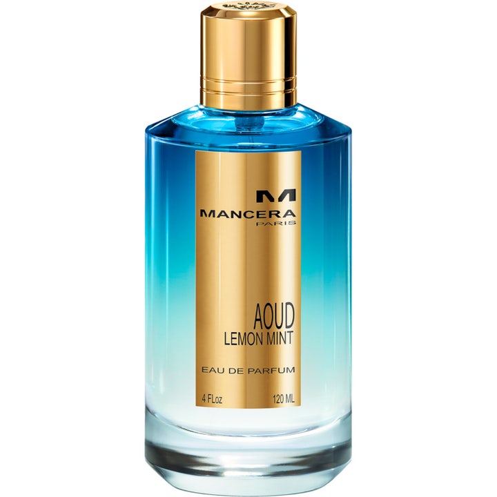 Mancera Aoud Lemon Mint 120 ml eau de parfum i en blåtonad glasflaska med guldfärgad etikett och kork