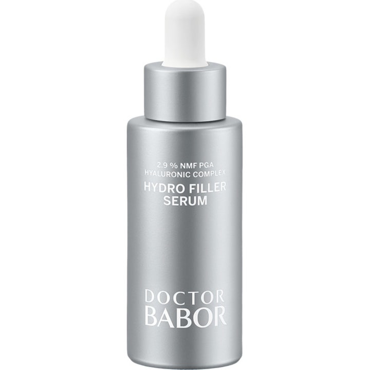 Doctor Babor Hydro Filler Serum 30 ml återfuktande babor hyaluronsyra hudvård i silverflaska med vit pipett.