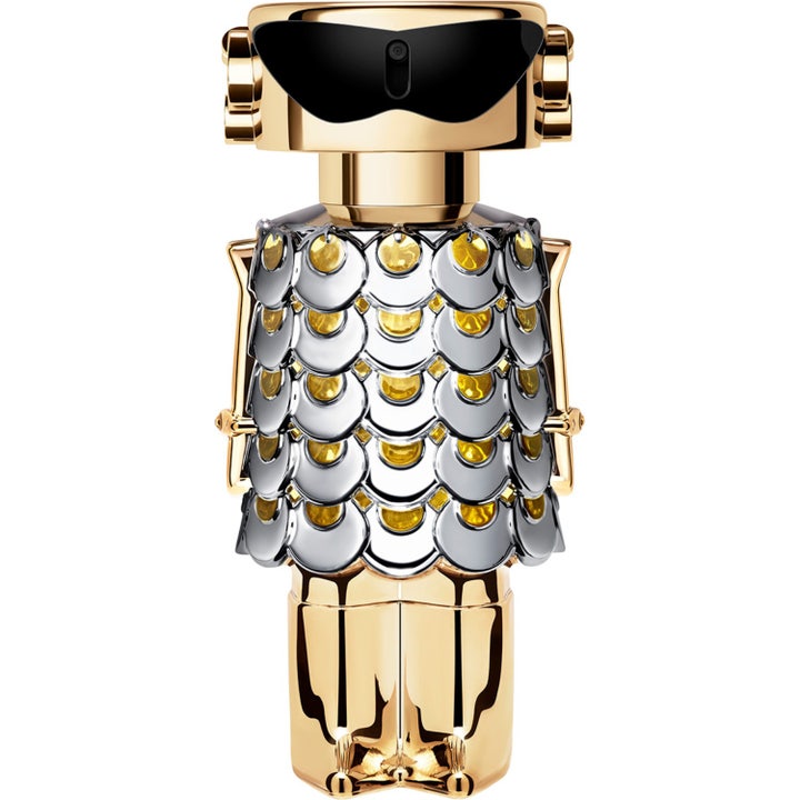 Rabanne Fame Eau De Parfum 80 ml parfym i en robotformad flaska i guld och silver med svarta solglasögon