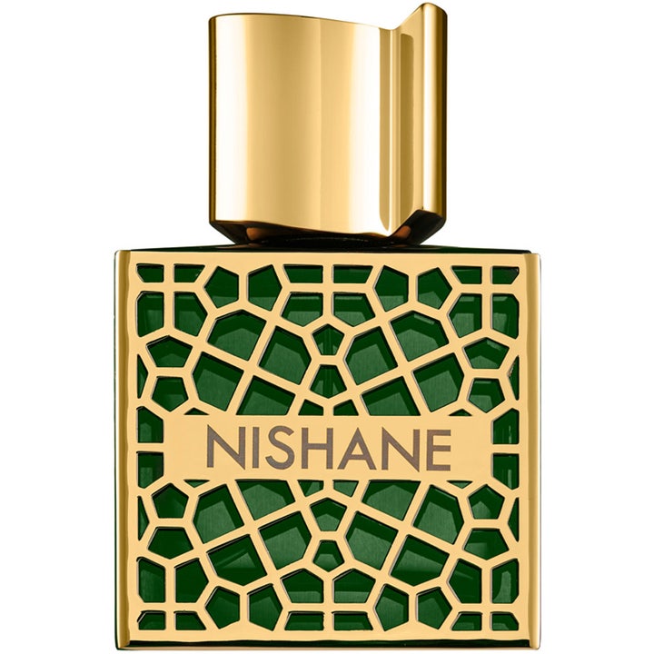 NISHANE Shem Extrait de Parfum 50 ml nishane parfym i grön glasflaska med guldglänsande geometriskt mönster