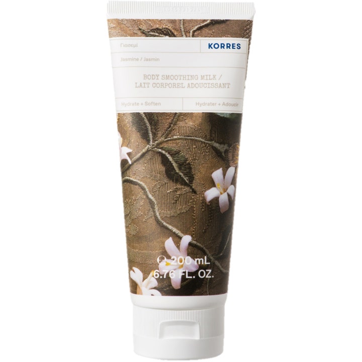 Korres body milk fuktgivande 200 ml doftande jasmin kroppslotion i vit tub med dekorativt blommönster