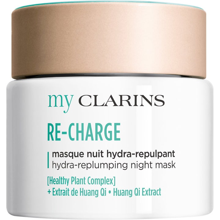 My Clarins RE-CHARGE fuktgivande nattmask hudvård i en vit burk med ett elegant roséguldfärgat lock