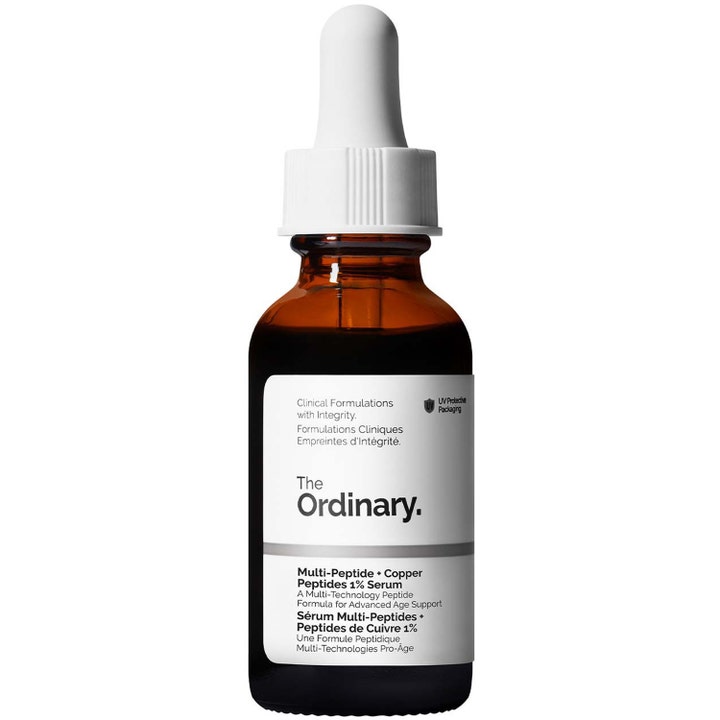 The Ordinary Multi-Peptide + Copper Peptides 1% Serum 30ml ansiktsserum med peptider i mörk glasflaska med vit pipett