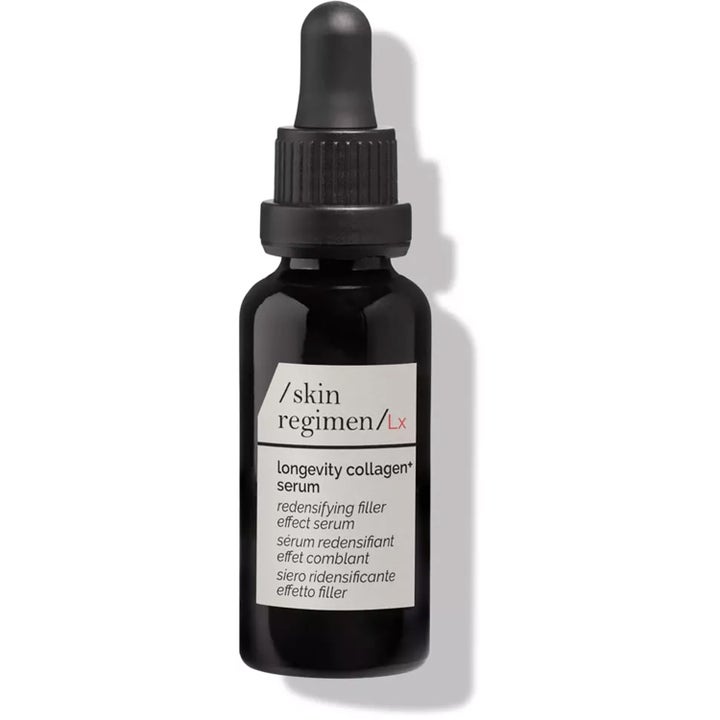 /skin regimen/Lx Longevity collagen+ serum fyllighetsgivande ansiktsserum i mörk glasflaska med vit etikett och svart pipett