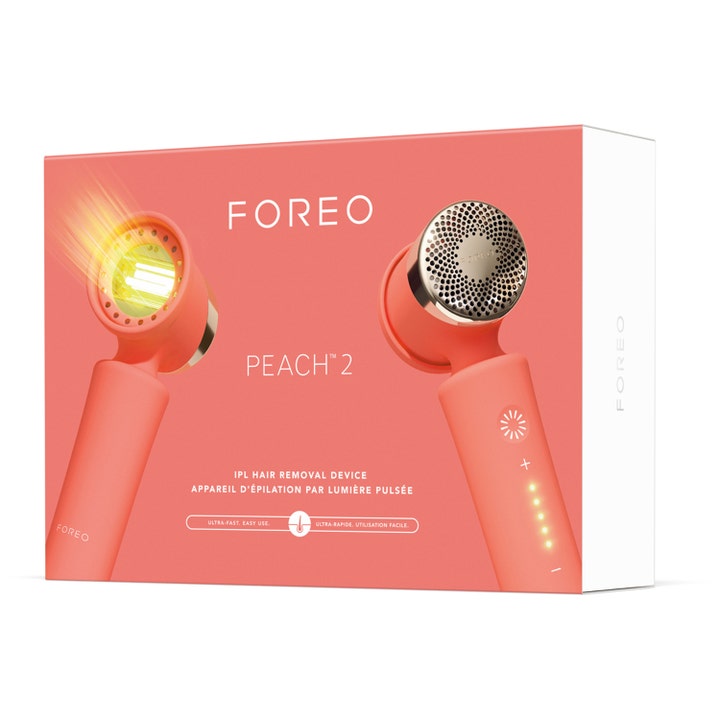 FOREO PEACH 2 IPL hårborttagningsenhet i persikofärgad ytterförpackning som visar enheten och dess ljuspulser.