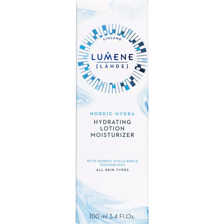 Lumene Nordic Hydra Hydrating Lotion 100 ml återfuktande ansiktskräm i vit ytterförpackning med blått mönster.