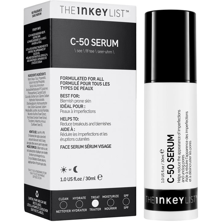 The INKEY List C-50 Serum 30 ml vitamin C serum för ansiktet i vit pumpflaska och ytterförpackning