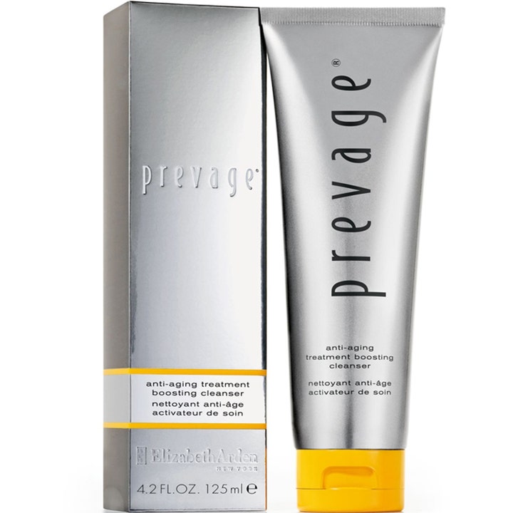 Elizabeth Arden Prevage Boosting Cleanser 125 ml anti age ansiktsrengöring i en silvrig tub med gult lock och box.