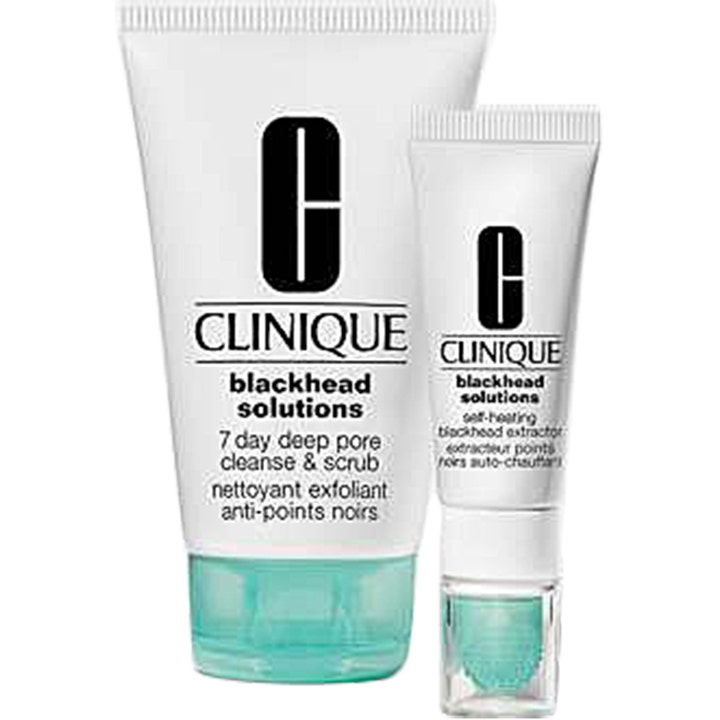 Clinique Blackhead Solutions 7 Day Deep Pore Cleanse & Scrub 125 ml ansiktsskrubb i två vita tuber med turkos bas