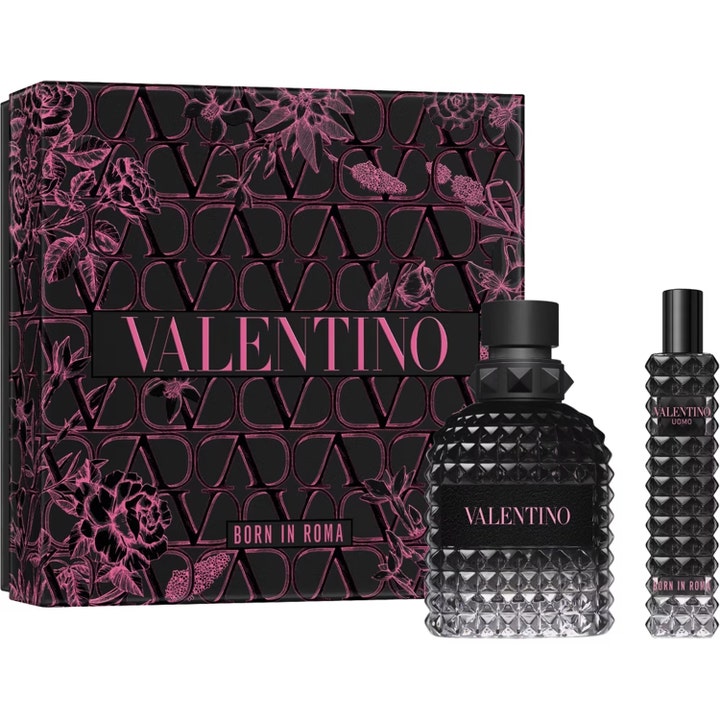 Valentino Born in Roma Uomo Set 50ml + 15ml parfym herr presentförpackning med svarta nitade glasflaskor