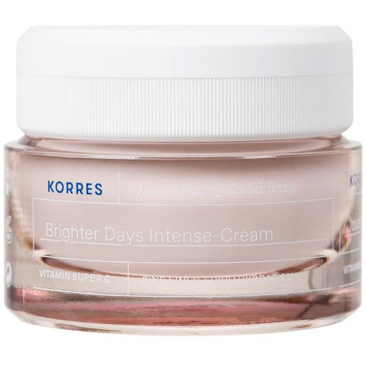 Korres Brighter Days Intense-Cream lystergivande ansiktskräm i rosa glasburk med vitt lock
