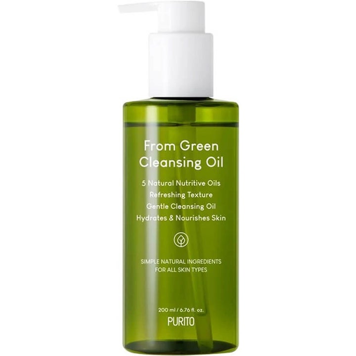 Purito From Green Cleansing Oil 200 ml skonsam rengöringsolja som ger fukt i en grön genomskinlig flaska med vit pump