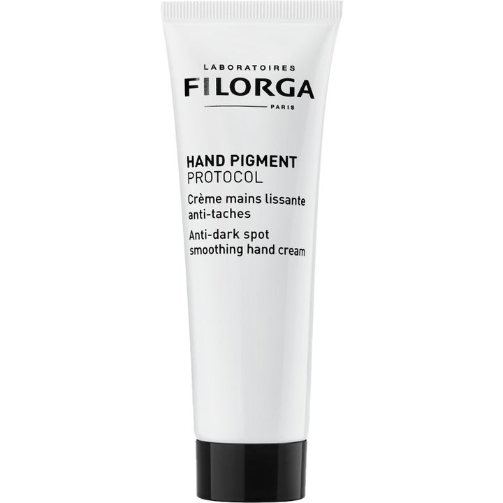 Filorga Hand Pigment Protocol utslätande handkräm mot pigmentfläckar i en vit plasttub med svart kork