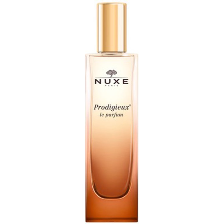 Nuxe Prodigieux Le Parfum 50 ml parfym som ger en varm doft i en bärnstensfärgad glasflaska med guldkork