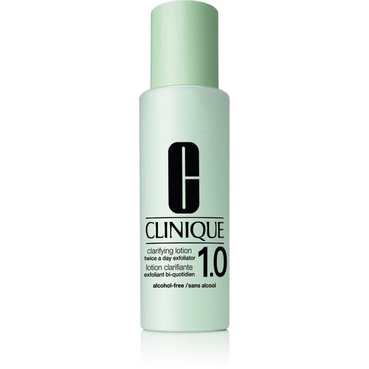 Clinique Clarifying Lotion 1.0 exfolierande ansiktsvatten som ger lyster i en ljusgrön frostad flaska med lock.