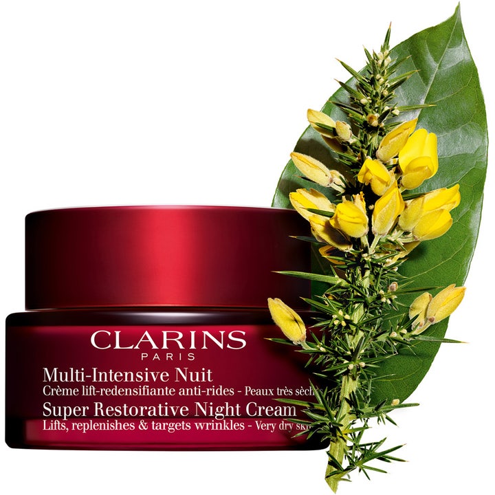 Clarins Super Restorative Night Cream 50 ml lyftande nattkräm i röd glasburk med gula blommor och gröna blad