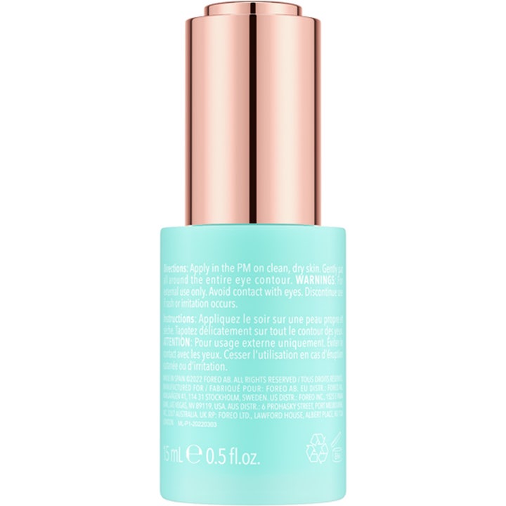 FOREO IRIS Firming PM Eye Serum 15 ml lyxigt ögonserum i ljusblå flaska med roséguldfärgad kork ger naturlig föryngring