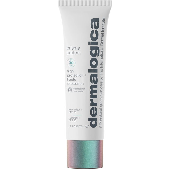 Dermalogica Prisma Protect 50 ml solkräm ansikte SPF30 ger lyster i en vit tub med ett iriserande silverlock.