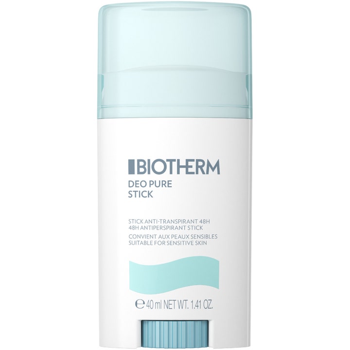 Biotherm Deo Pure Stick 40 ml deo antiperspirant för känslig hud i vit hylsa med ljusblått transparent lock.