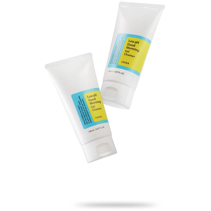 COSRX Low pH Good Morning Gel Cleanser 150 ml morgonrengöringsgel i två vita plasttuber med gul och blå dekor.
