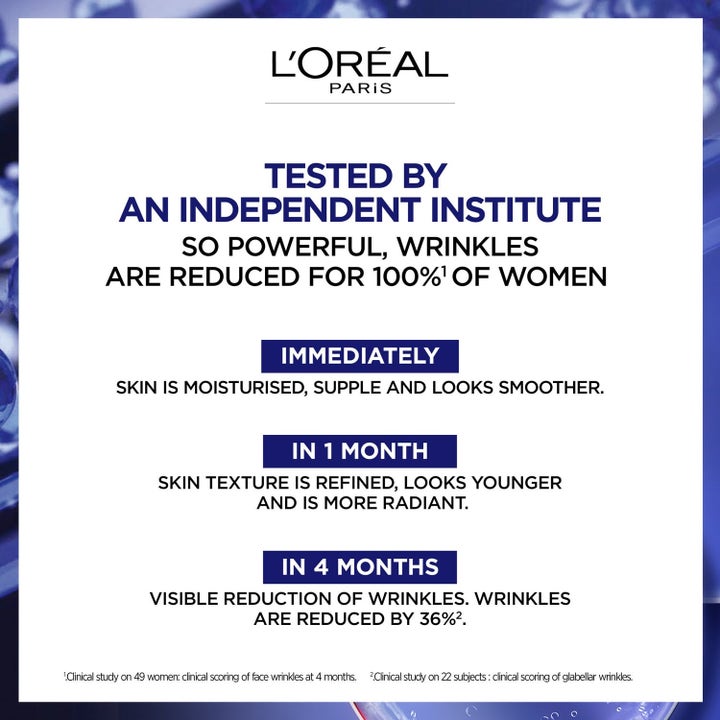 L'Oréal Paris Laser Pure Retinol Night Serum med kliniska testresultat som visar färre rynkor och slätare hy.