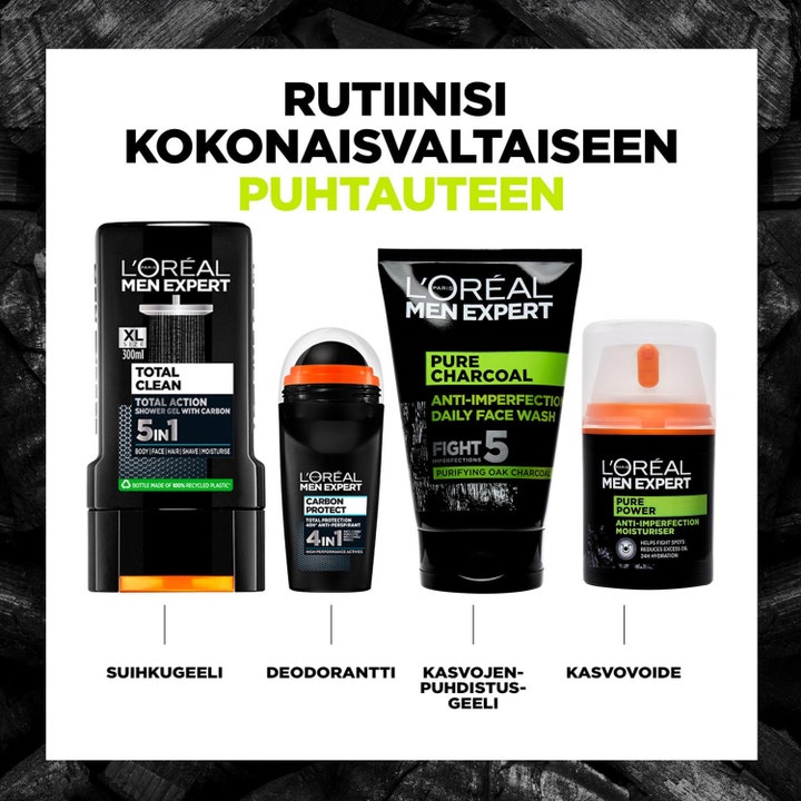 L'Oréal Paris Men Expert Pure Charcoal Wash 100 ml ansiktstvätt för män med aktivt kol i en komplett hudvårdsrutin