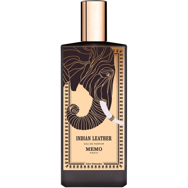 Memo Paris Indian Leather 75 ml parfym i en stilren svart flaska med guldkork och ett konstnärligt elefantmotiv