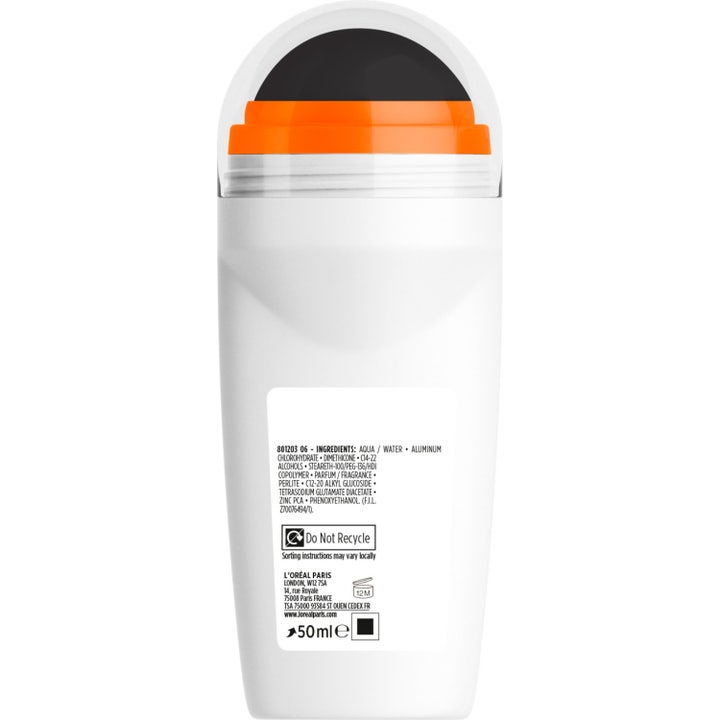 L'Oréal Paris Men Expert Derma Control Clinical Ultra Deo 50 ml roll-on baksida med vit flaska, orange bas och svart kula