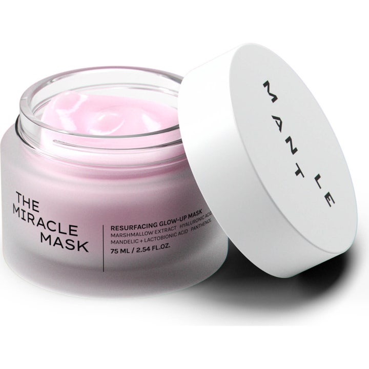 MANTLE The Miracle Mask 75 ml exfoliering ansiktsbehandling i frostad glasburk med krämig rosa textur