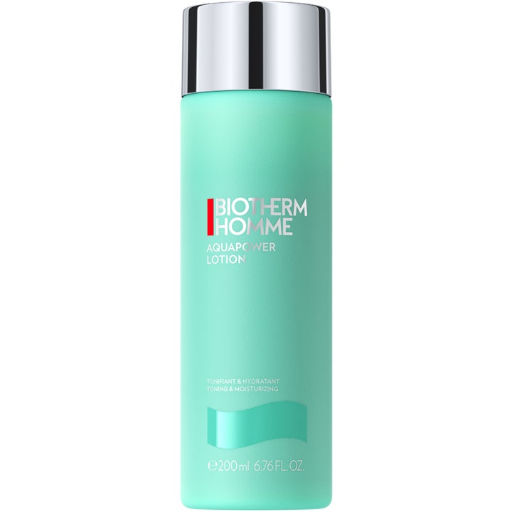 Biotherm Homme Aquapower Lotion 200 ml tonande hudlotion som ger hydrering ansikte i en matt turkos flaska med silverkork