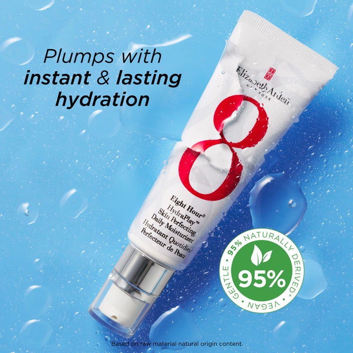 Elizabeth Arden Eight Hour Hydraplay 45 ml fuktbevarande dagkräm i vit tub med röd åtta och vegansk symbol