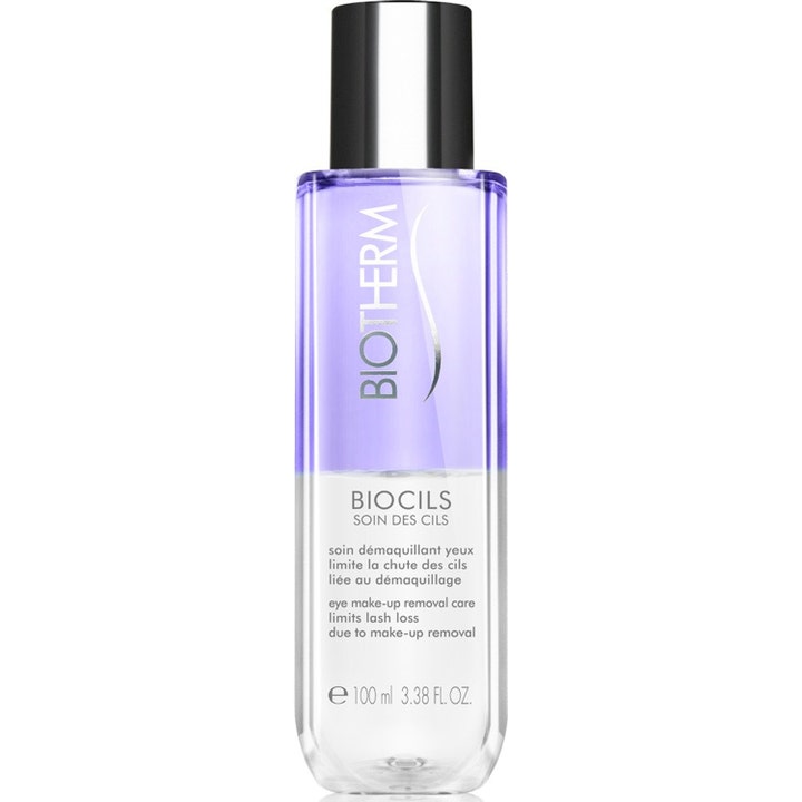 Biotherm Biocils Soin Des Cils 100 ml ögonrengöring som motverkar franstapp i en lila och klar tvåfasflaska med silverlock