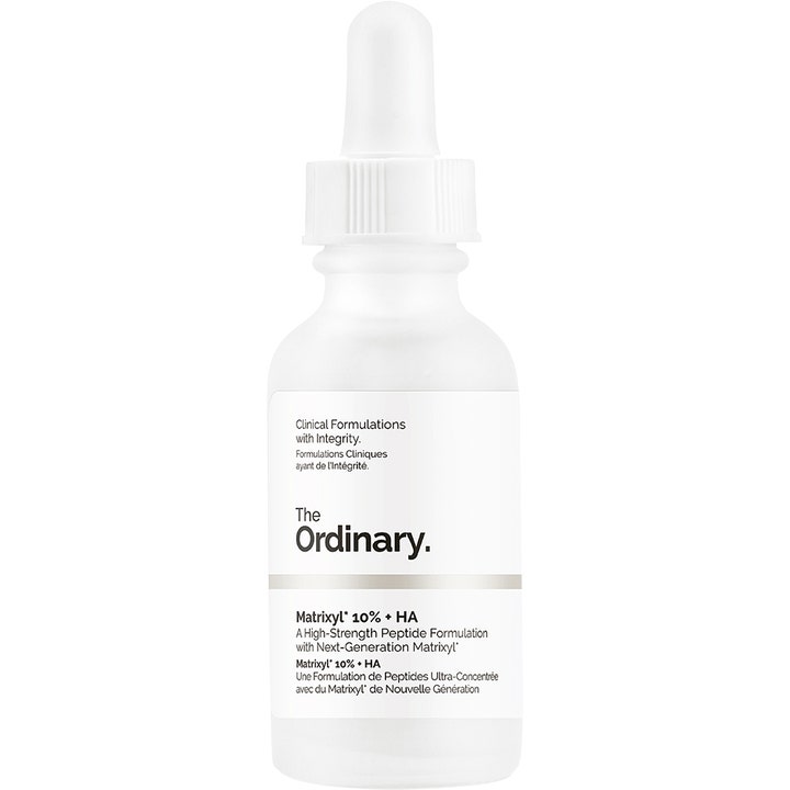 The Ordinary Matrixyl 10% + HA 30 ml Matrixyl anti-aging hyaluronsyra serum i en frostad glasflaska med vit pipett