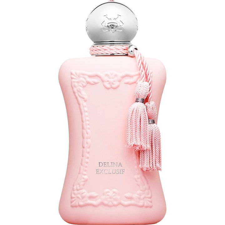 Parfums de Marly Delina Exclusif 75ml Eau de Parfum i ljusrosa matt flaska med reliefmönster silverkork och rosa tofsar