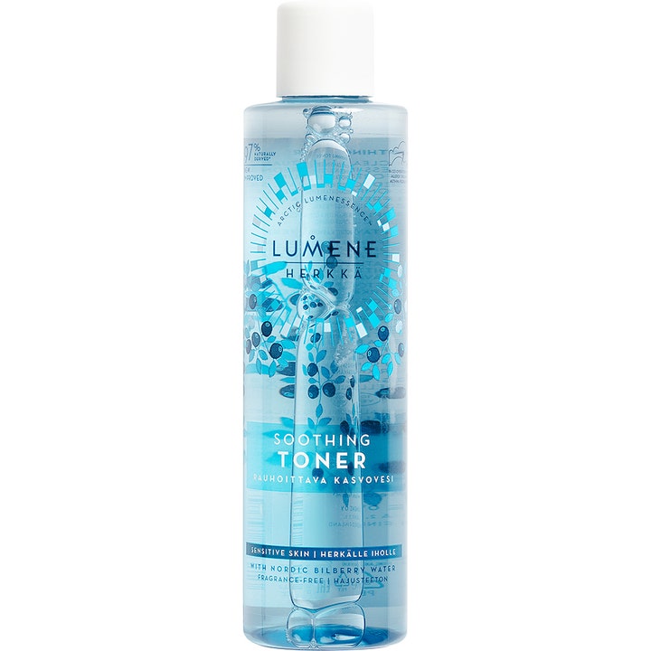 Lumene Herkkä Soothing Toner 200ml lugnande ansiktstoner utan parfym i genomskinlig flaska med blå detaljer.