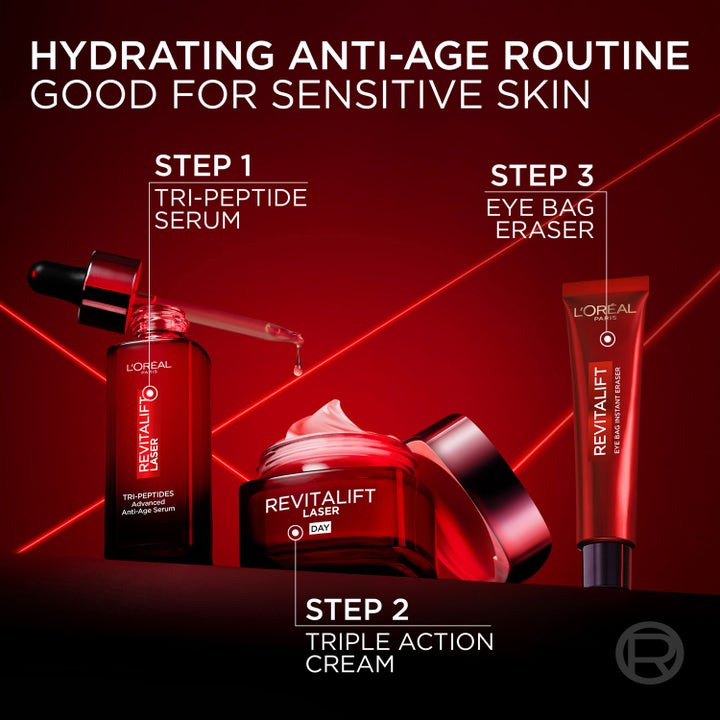 L'Oréal Paris Revitalift Laser Eye Bag Eraser 15 ml ögonkräm i röd tub som steg 3 i en anti-age hudvårdsrutin.