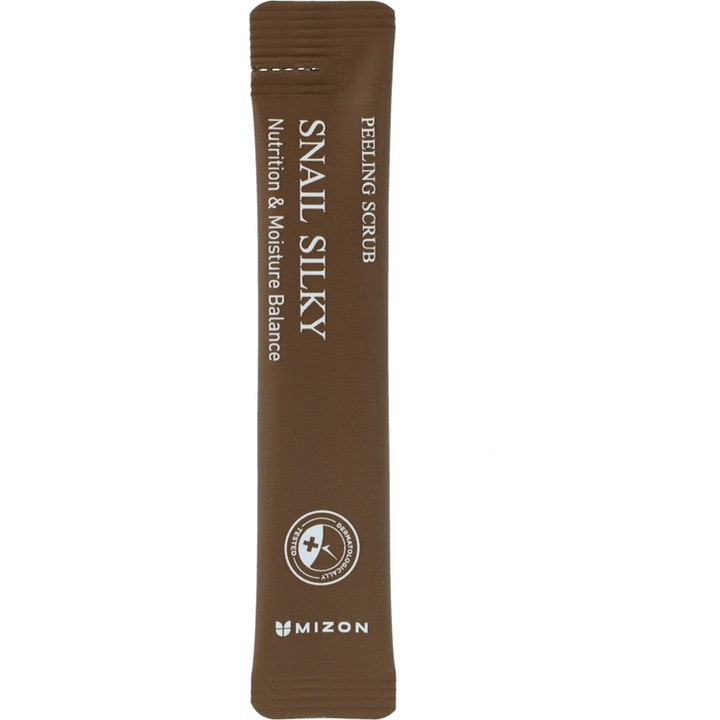 Mizon Snail Silky Peeling Scrub ansiktsskrubb med snigelsekret för känslig hud i en brun smal engångsförpackning