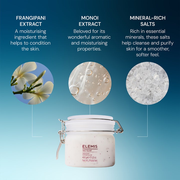 Elemis Frangipani Monoi Salt Glow 490 g saltskrubb med frangipani, monoi och mineralsalter som ger mjuk hud.