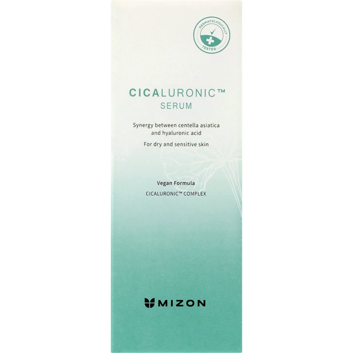 Mizon Cicaluronic Serum 30 ml lugnande ansiktsserum hyaluronsyra i vit och grön ytterförpackning med centella